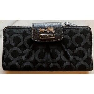 Coach Madison Op Art Black Slim Checkbook & Wallet Logo Snap Close Coin Holder